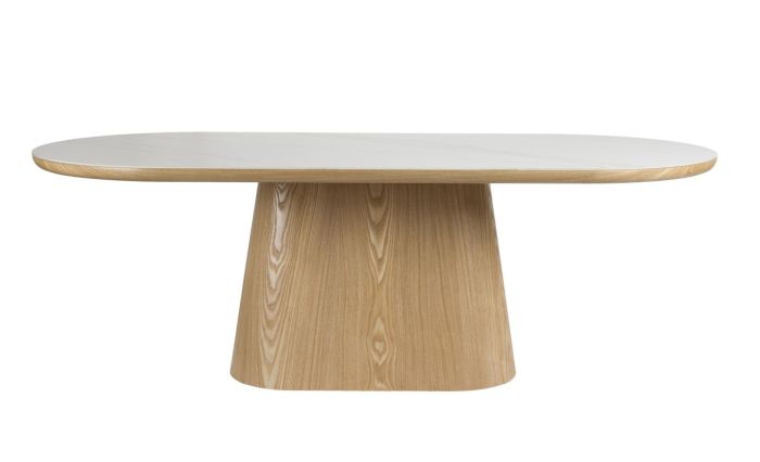 Mesa de comedor ovalada en roble natural y sobre de piedra claro 180 cm