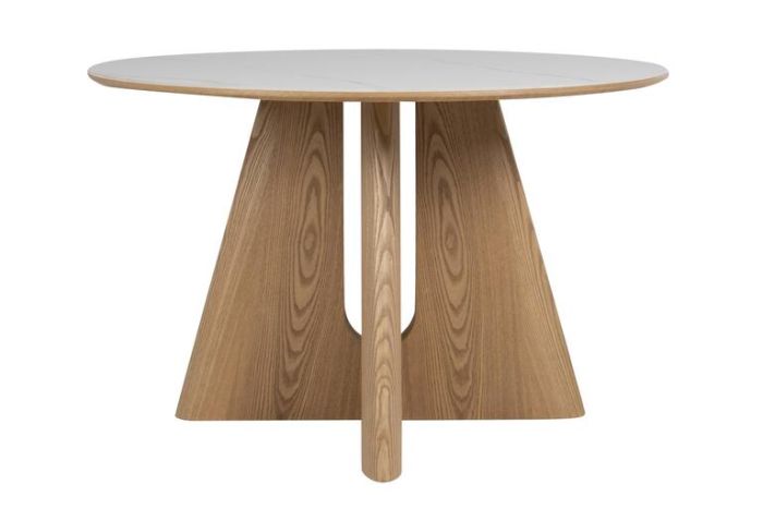 Mesa comedor redonda cerámica y pie piramidal