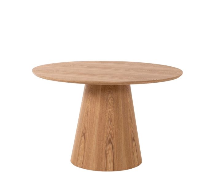Mesa de comedor redonda en madera de roble natural.