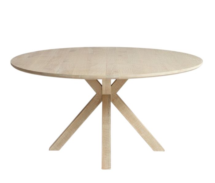 Mesa de comedor redonda en madera de roble natural blanqueado.