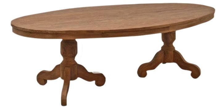 Mesa de comedor ovalada en madera de teca natural.