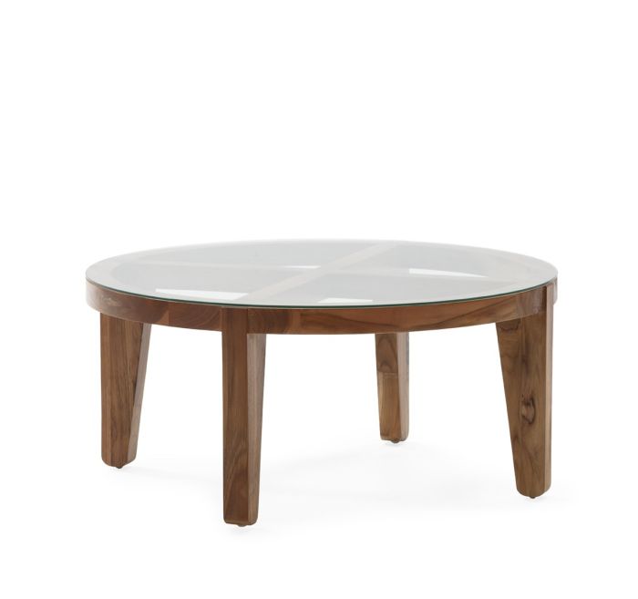 Mesa de centro en madera de teca natural y sobre de cristal transparente 90 cm