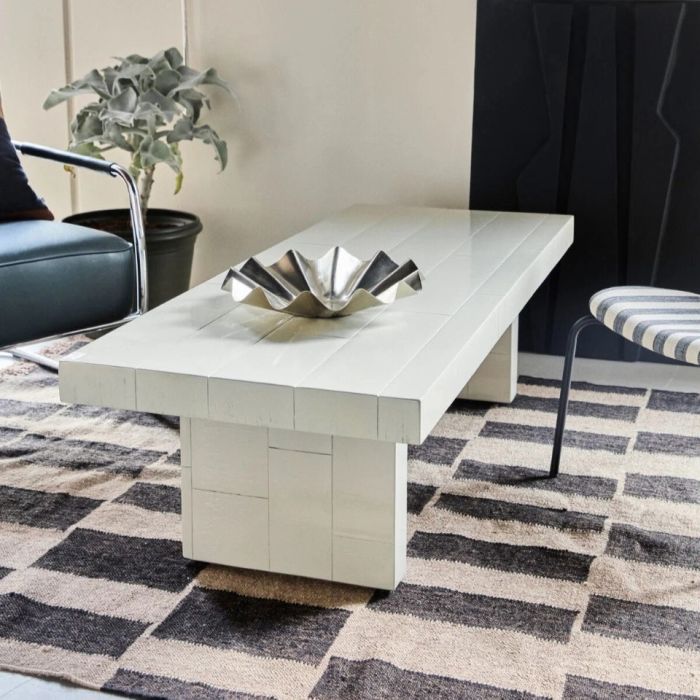 Mesa de centro con baldosas de madera de mango en arena brillante 150 cm