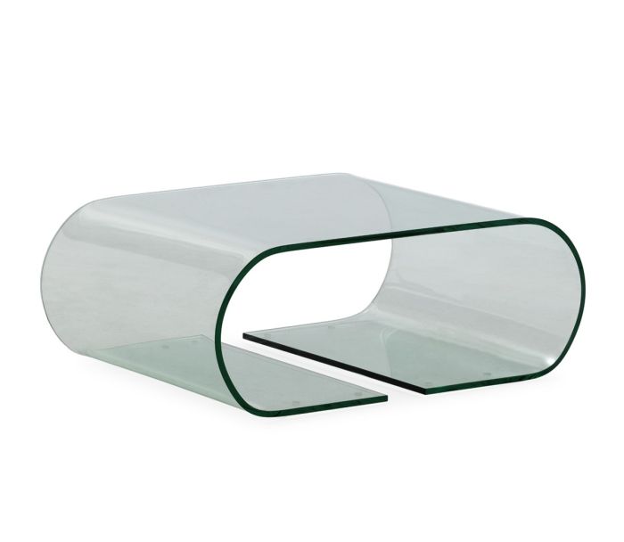 Mesa de centro moderna en cristal transparente.