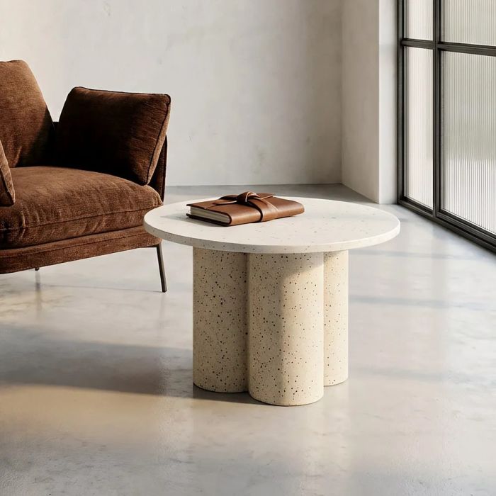 Mesa de centro con sobre de mármol y base de metal blanco 60 cm