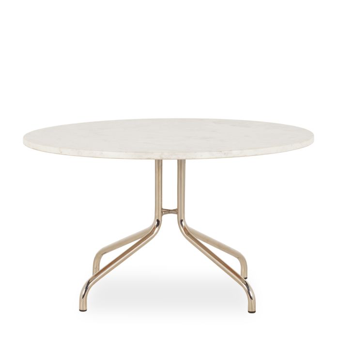 Mesa de centro redonda diseño moderno con sobre de mármol blanco y patas de hierro niquelado.