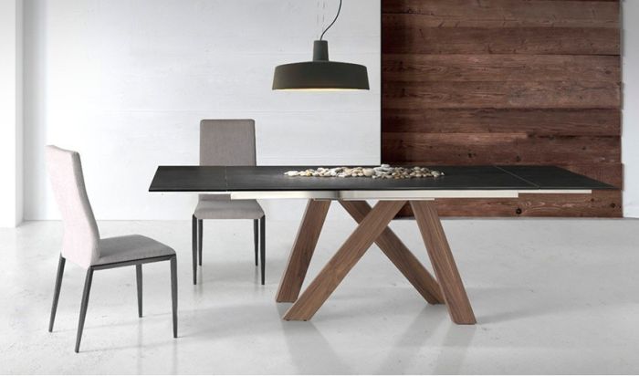 Mesa Extensible Italiano Negro Madera Cristal-Porcelanico