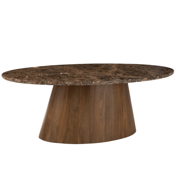 Mesa de comedor ovalada diseño moderno en mármol y madera de mango marrón.