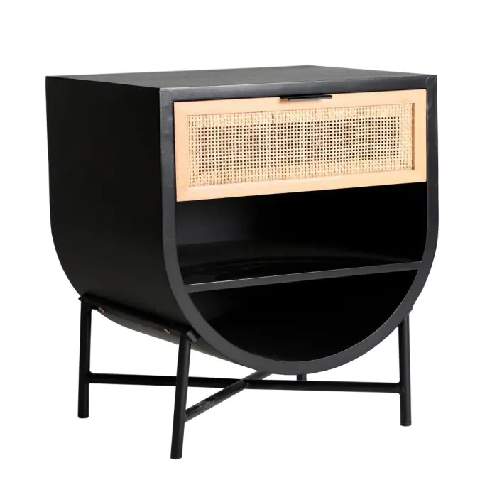 Mesita De Noche Redonda Beilen Estilo Nórdico-Tropical Negro/Natural Ratán, 45 Cm