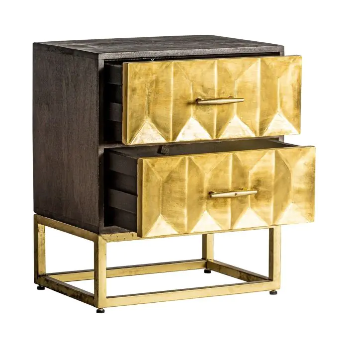 Mesita De Noche Art Deco Madera Negro Hierro Oro, 55 cm