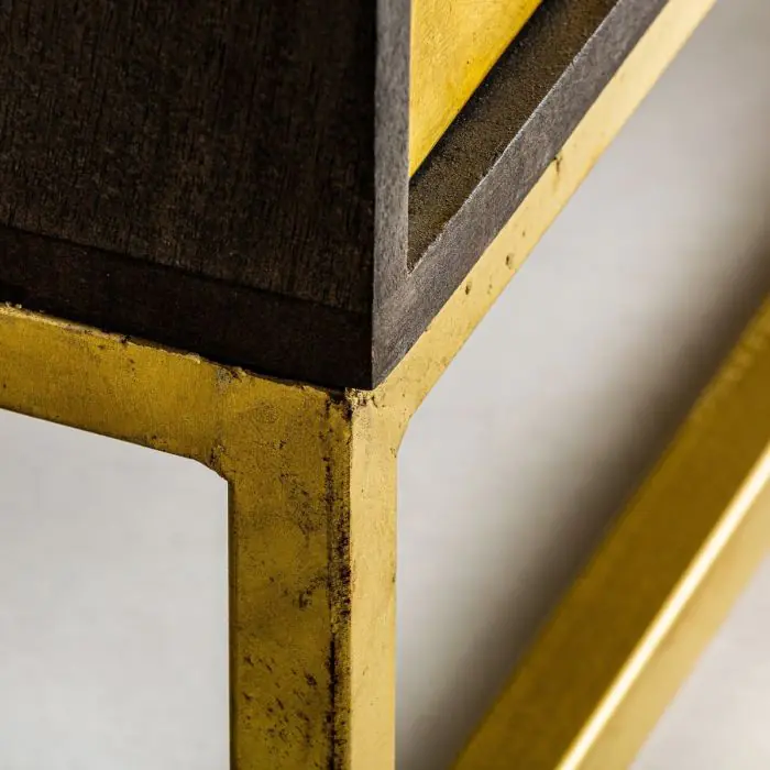 Mesita De Noche Art Deco Madera Negro Hierro Oro, 55 cm
