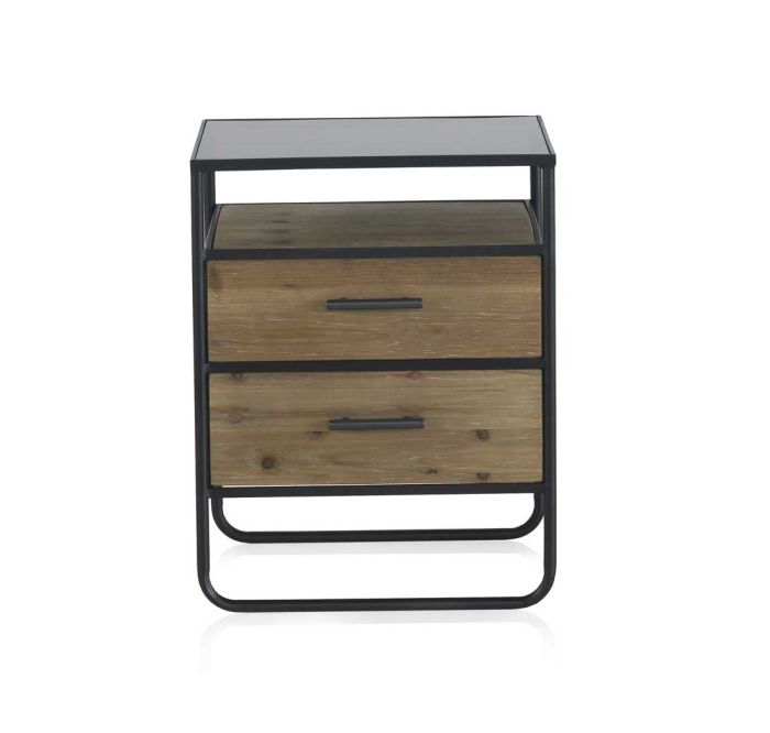 Mesita de Noche 2 cajones Estilo Industrial Cristal Natural Madera Abeto, 46 Cm