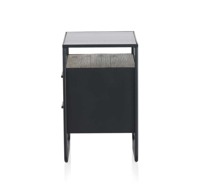 Mesita de Noche 2 cajones Estilo Industrial Cristal Negro Hierro, 46 Cm