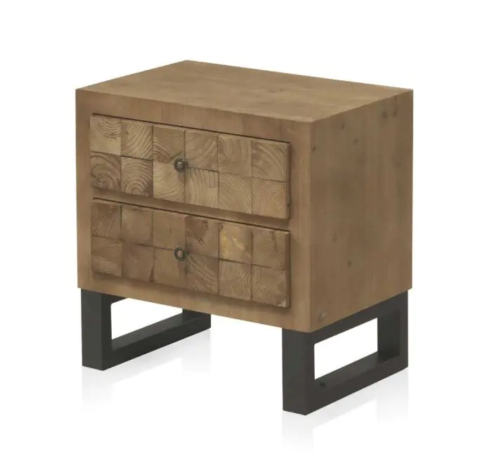 Mesita de Noche Bloques 2 cajones Estilo Vintage Natural Chapa Madera Abeto Mdf, 51 Cm