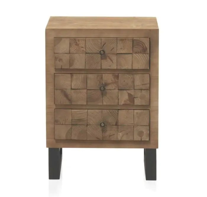 Mesita de Noche Bloques 3 cajones Estilo Vintage Natural Chapa Madera Abeto Mdf Metal, 51'5 Cm