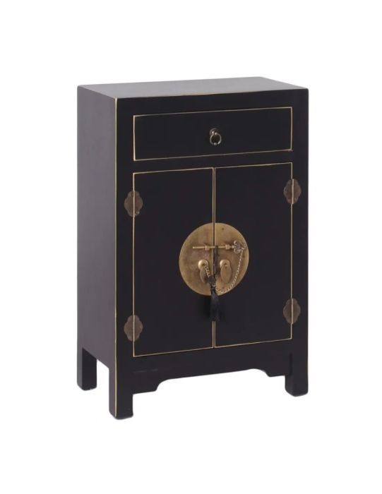 Mesita de noche oriental negra 2 puertas 1 cajón