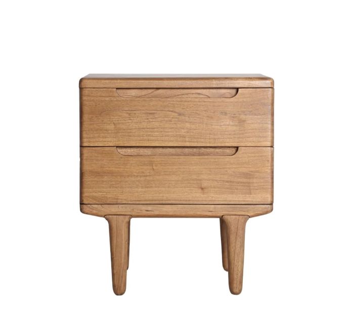 Mesita de noche en madera mindi marrón natural con 2 cajones.