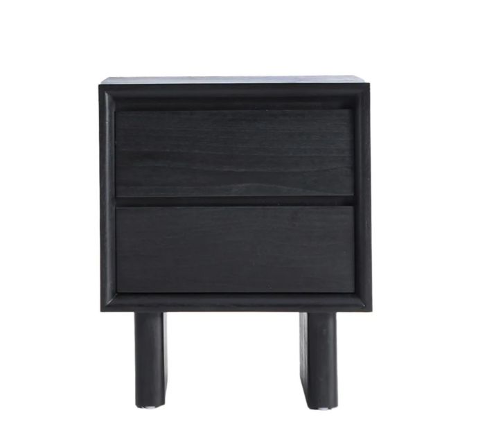 Mesita de noche en madera mindi negra con 2 cajones.