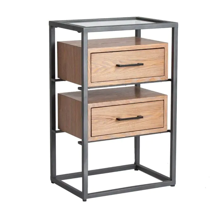 Mesita De Noche Metal Madera Natural Cristal 45 Cm