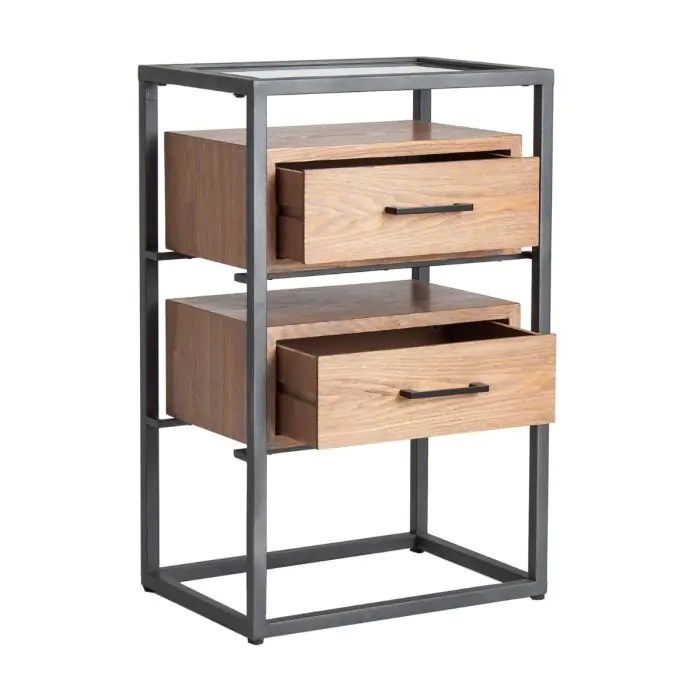 Mesita De Noche Metal Madera Natural Cristal 45 Cm