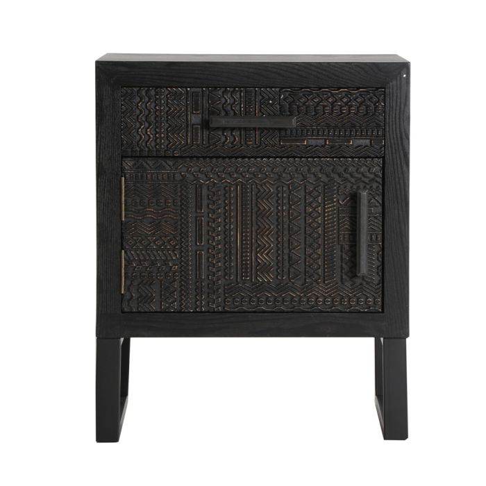 Mesita de Noche Tallada Antrim Estilo Étnico-Oriental Gris Negro Madera Fresno Hierro, 45 Cm
