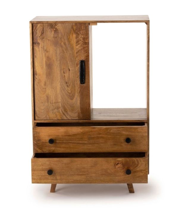 Aparador industrial en madera de mango natural con tiradores de hierro negro.