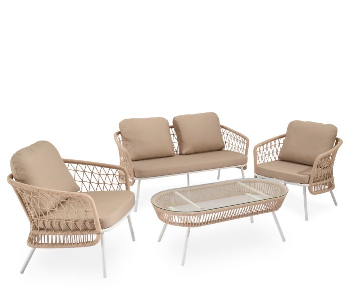 Conjunto de jardín tropical un sofá, sillones y una mesa de centro en cuerda, acero blanco y cristal templado.