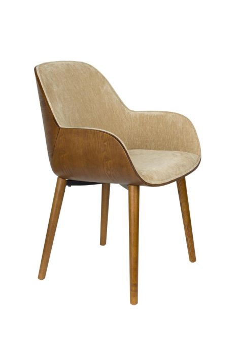Silla moderna en madera de fresno marrón tapizada en tejido beige.