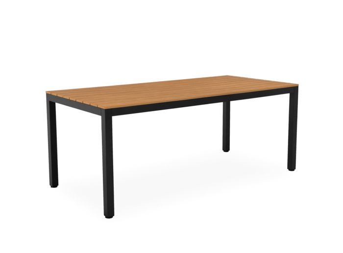 Mesa de comedor exterior nórdica en polimadera natural y aluminio negro.