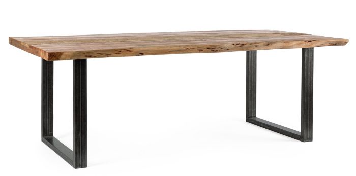 Mesa de comedor industrial en madera de acacia, madera reciclada natural y patas de acero negro.