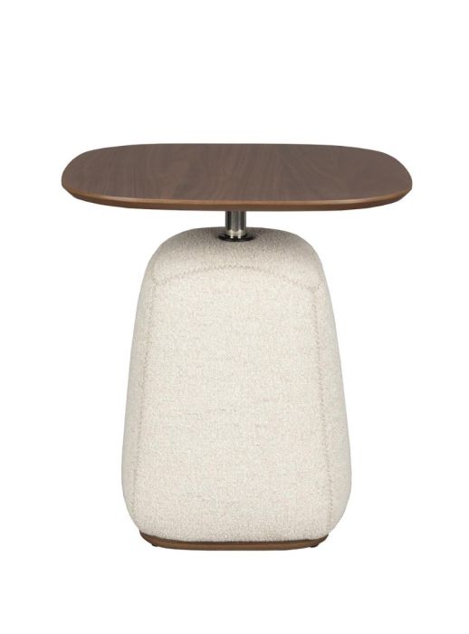 Mesa auxiliar mid-century en madera mdf marrón con base de acero tapizado en chenilla blanco roto.