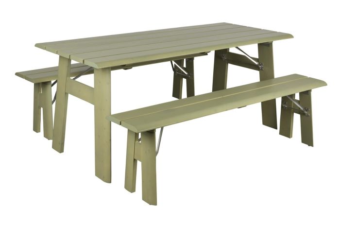 Set mesa de comedor exterior nórdico en madera contrachapada verde.