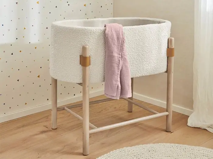 Cuna Convertible Tejido Borreguillo Beige Madera Haya, 46 Cm