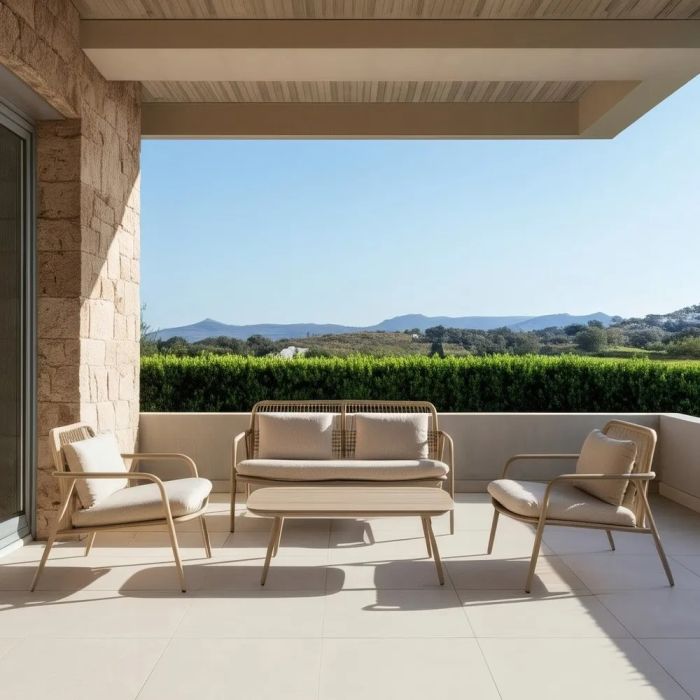 Set nórdico de 1 sofá, 2 sillones y una mesa de centro en aluminio beige.