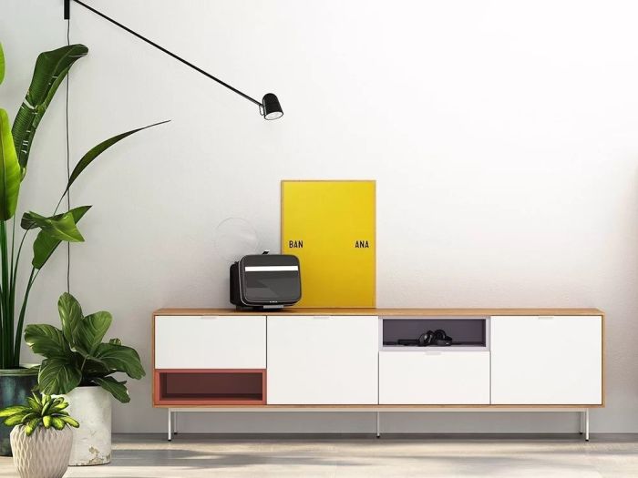 Mueble TV Melamina Estilo Moderno color Roble Blanco Mate, 202 Cm