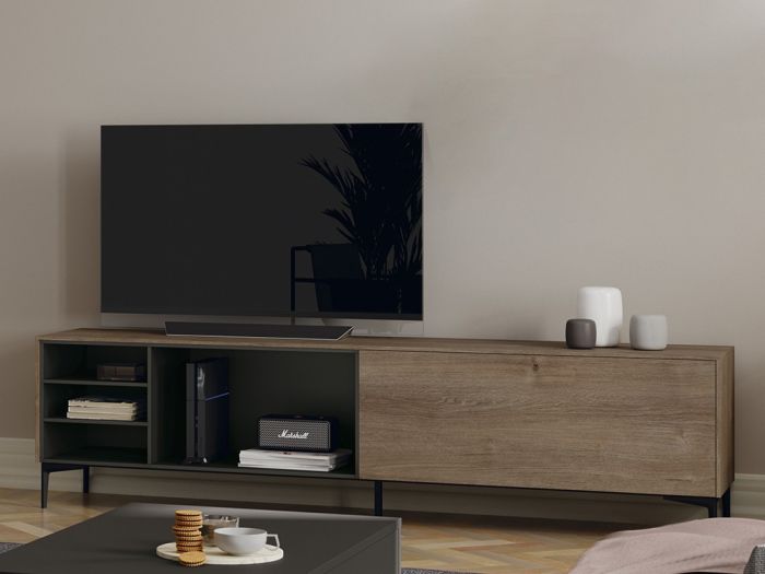 Mueble TV 19 Nim Estilo Moderno Madera Laminada Natural Negro, 212 Cm