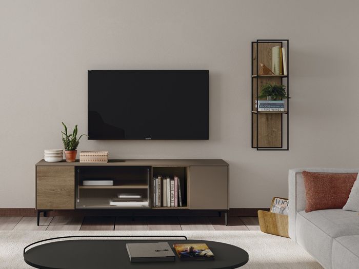 Mueble TV 32 Nim Estilo Moderno Laminado color Roble Gris Cristal, 175 Cm