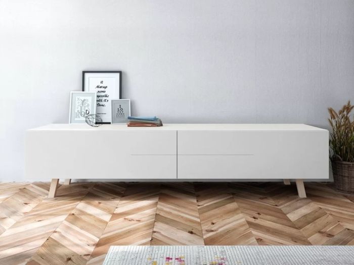 Mueble TV Amazing Estilo Moderno Blanco Melamina Lacado Natural, 180 Cm