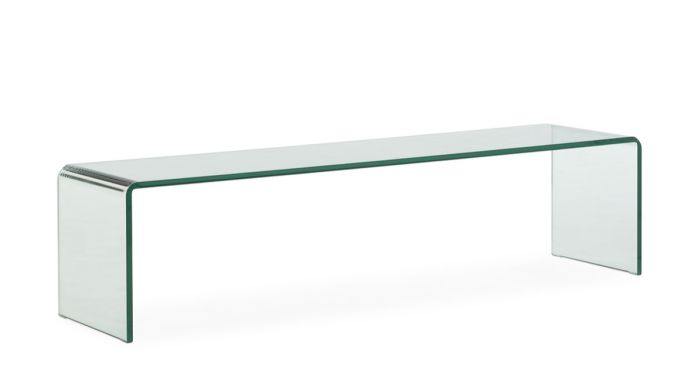 Mueble de TV moderno en cristal transparente.