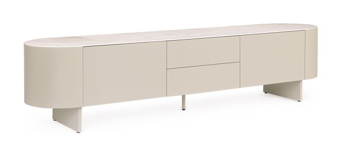 Mueble de TV en cerámica efecto ónice y acero beige claro.