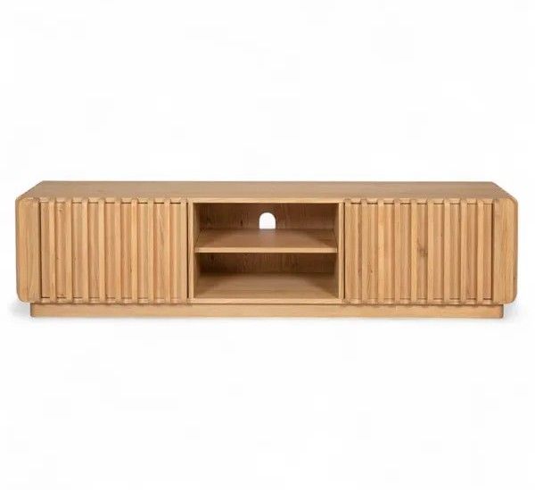 Mueble de TV nórdico en madera de roble natural 2 puertas y 2 estantes abiertos.