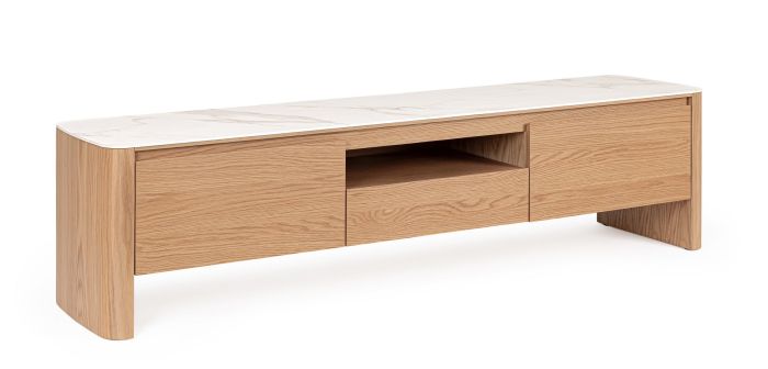 Mueble de TV en madera de roble natural con sobre de cerámica blanco.