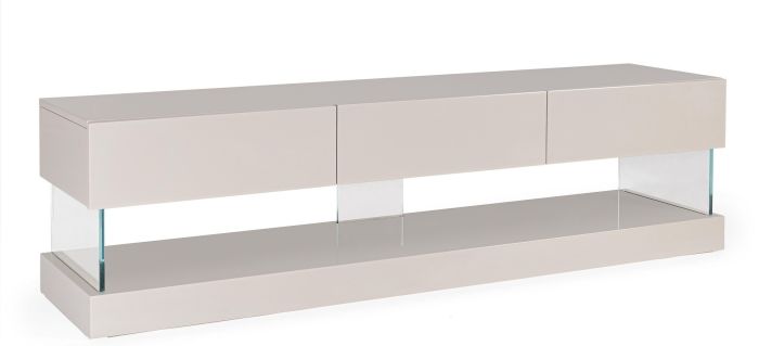 Mueble de TV en DM beige y vidrio templado.