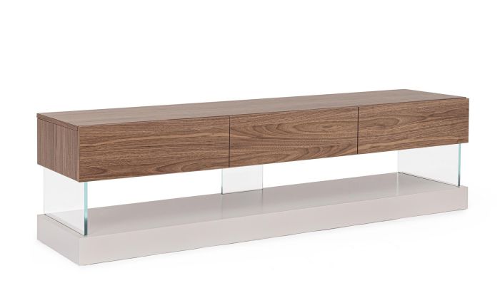 Mueble de TV en madera de nogal y vidrio templado.
