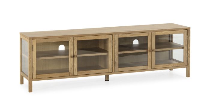 Mueble de TV en madera de roble natural y puertas de cristal.
