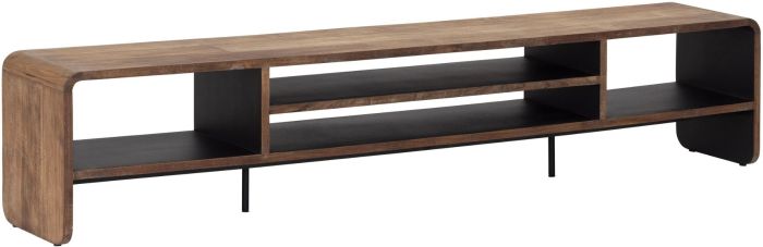Mueble de TV en madera de teca reciclada marrón y patas de metal negro.