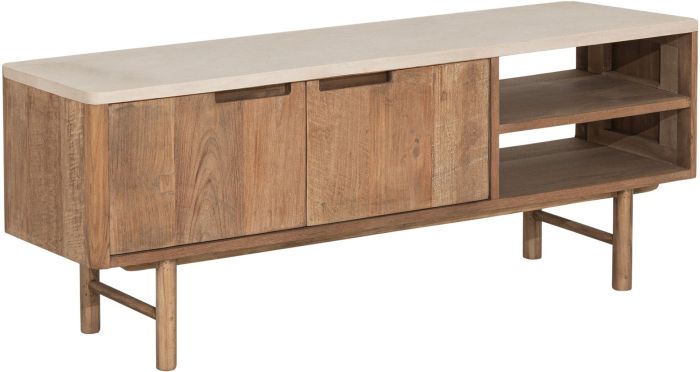 Mueble de TV en madera de teca reciclada natural y sobre en mortero blanco.