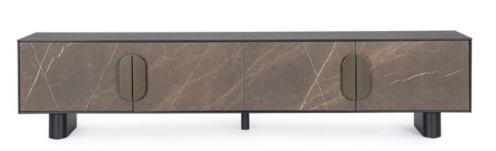 Mueble TV de diseño moderno con estructura de madera de roble negro y frontal de cerámica en cerámica marrón.