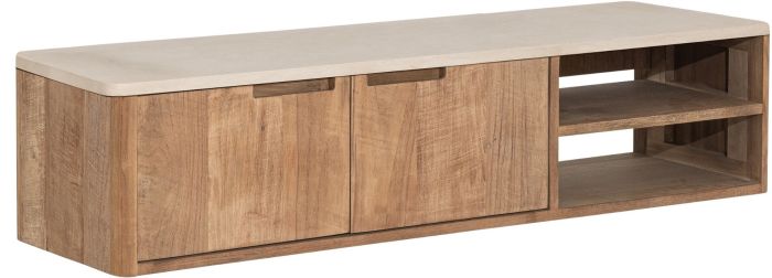 Mueble de TV en madera de teca reciclada natural y sobre en mortero blanco.