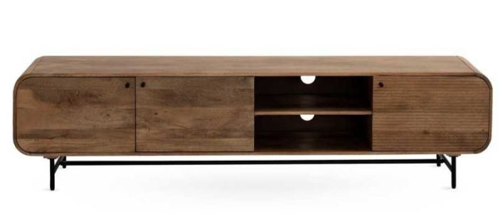 Mueble de TV en madera de mango natural y metal negro.